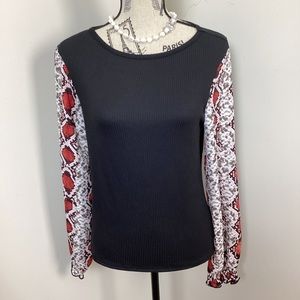 B Famous Women’s Black Red Cream Snake Skin Print Sheer Long Sleeves Blouse